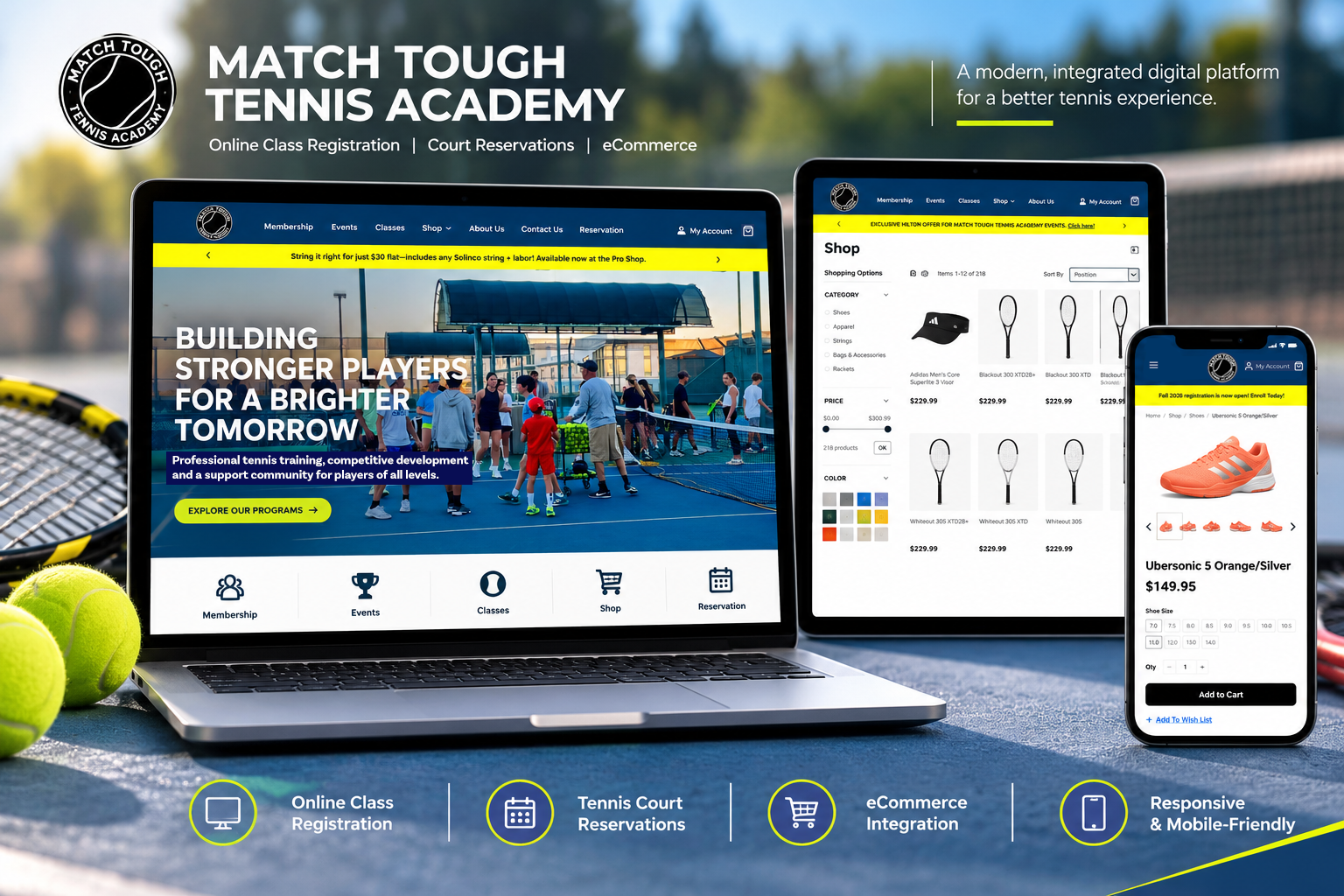 Match Tough Tennis Academy digital platform across laptop, tablet, and mobile